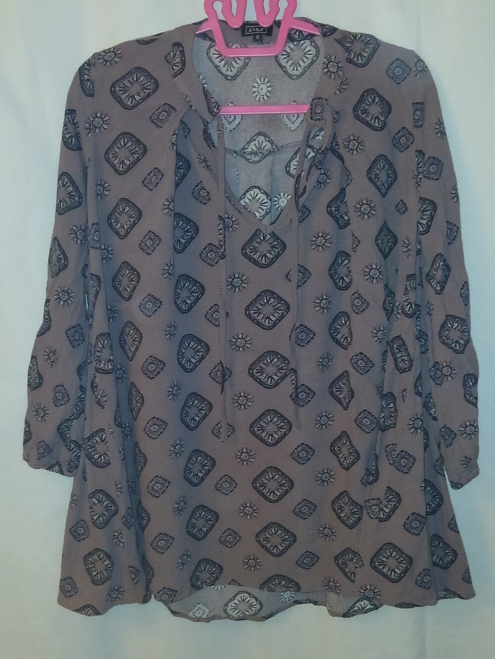 Lira Dusty Lilac Purple Long Bubble Sleeve Tunic w/ Grey & White Patterns Size S
